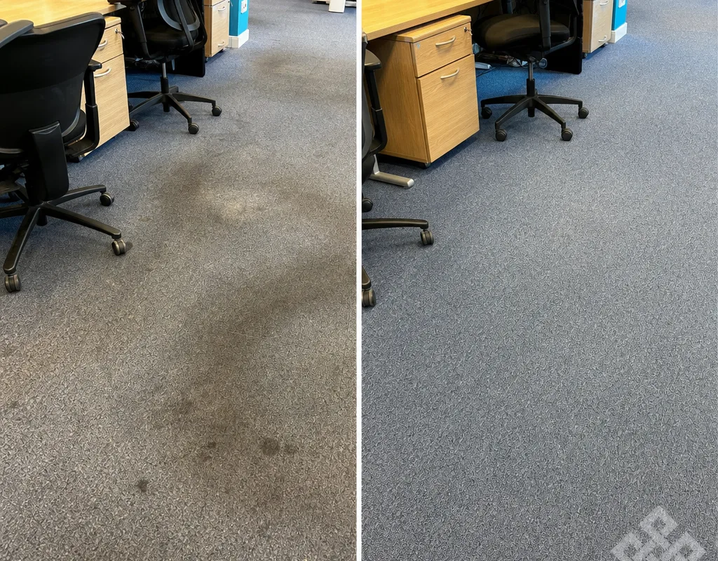 Carpet around office desk clusters before and after cleaning showing a more even finish