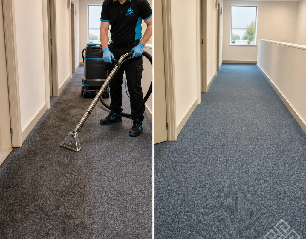 Office corridor carpet before and after cleaning showing reduced traffic lane shading and more uniform colour