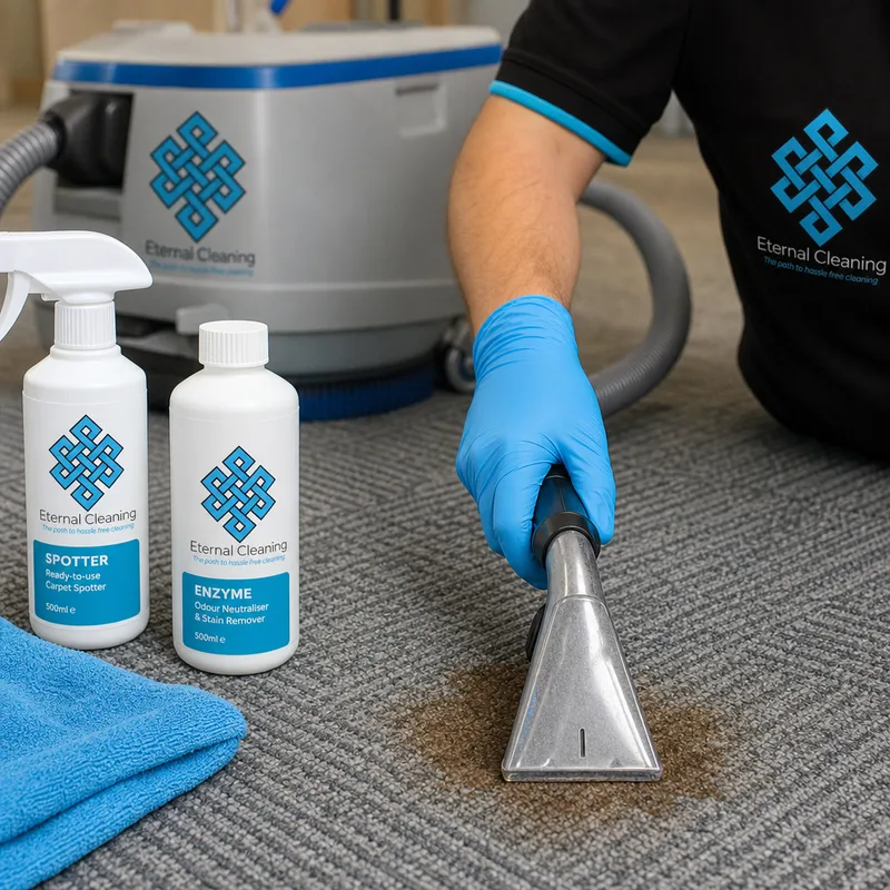 Close-up of spot treatment on a coffee stain on commercial carpet tiles with tools and spotting agents visible