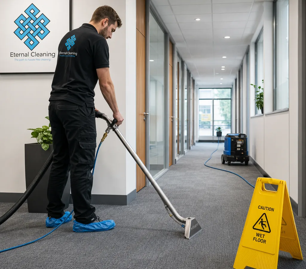 Technician cleaning a commercial carpet in a Leeds office corridor using a professional hot water extraction wand, with warning signs and tidy cable management visible