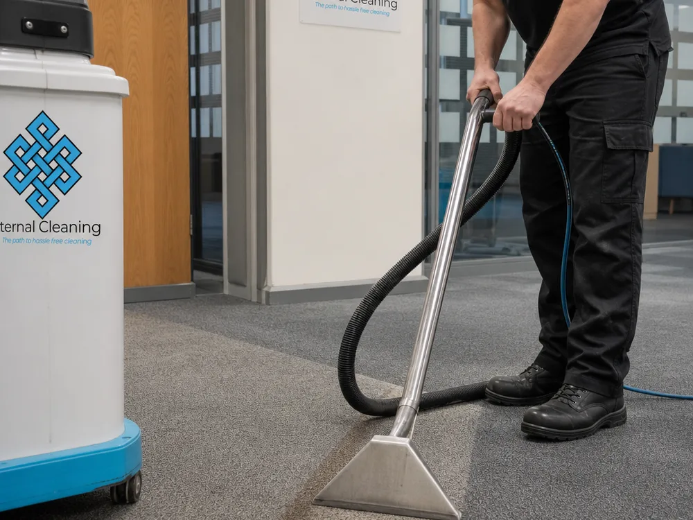 Close-up of hot water extraction on a commercial carpet tile area showing a cleaned path beside a traffic lane