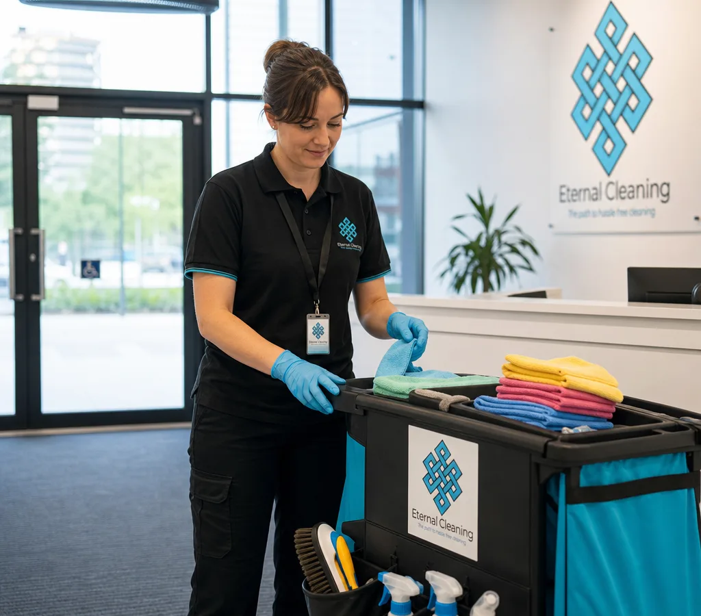 Commercial cleaner preparing a trolley and colour-coded cloths in a modern Leeds office reception area with glass entry doors