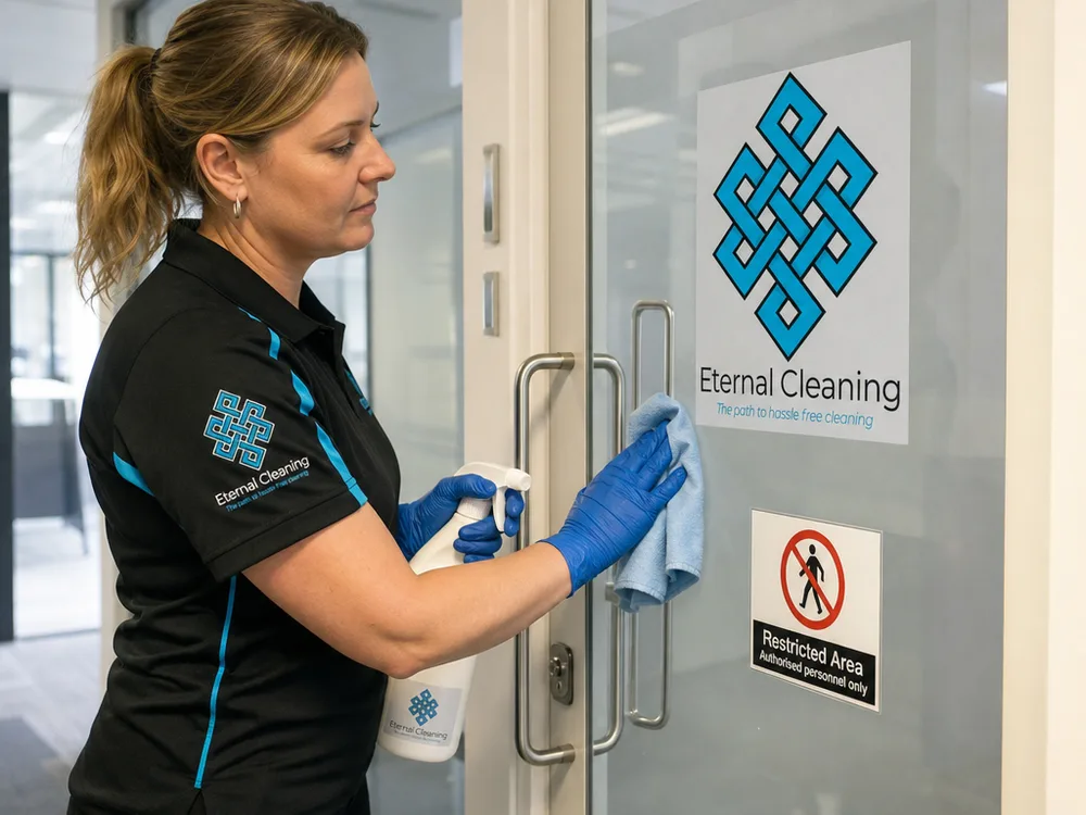 Cleaner using a microfiber cloth and appropriate spray on internal glass and door handles in a Leeds commercial building corridor