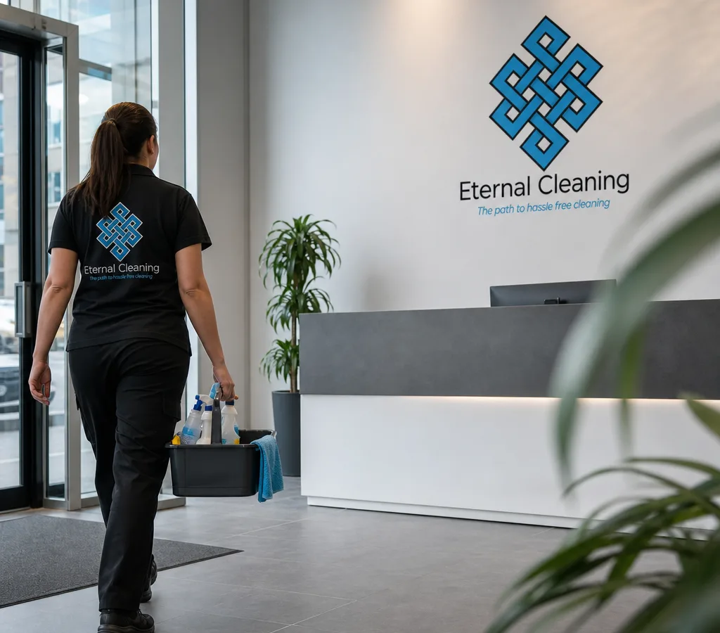 Professional cleaner entering a modern Leeds office reception with cleaning supplies
