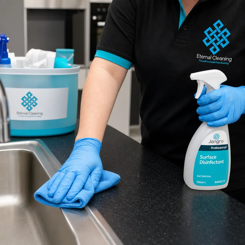 Cleaner using a colour-coded cloth to disinfect a shared kitchen counter and sink area with labelled products and PPE visible