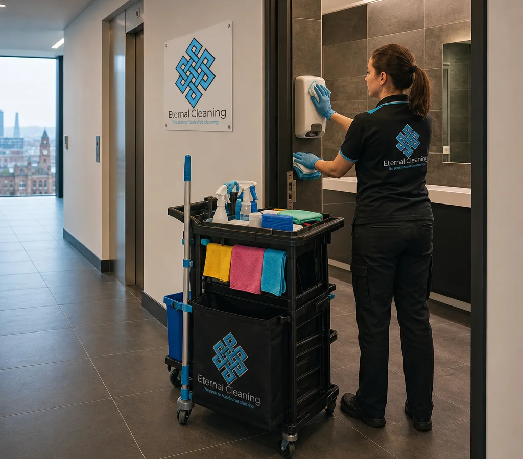 Professional cleaner restocking washroom supplies and wiping touchpoints in a modern Leeds office corridor with a cleaning trolley and colour-coded cloths