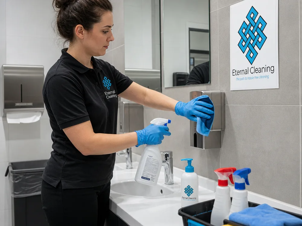 Washroom cleaning in progress with touchpoints being disinfected and soap and paper supplies restocked using colour-coded tools