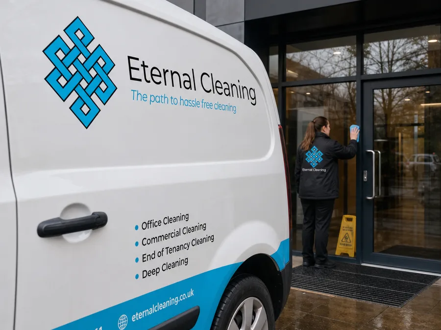 Cleaner polishing entrance glass and wiping door handles at a Leeds commercial building entrance with wet-weather matting visible