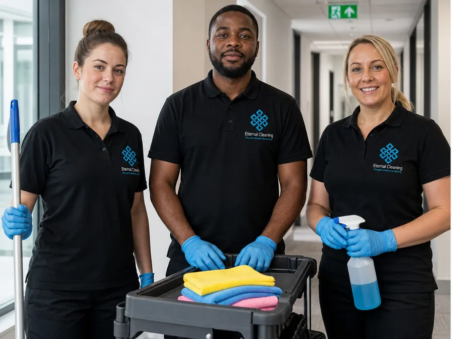 Eternal Cleaning team with equipment in a commercial building corridor