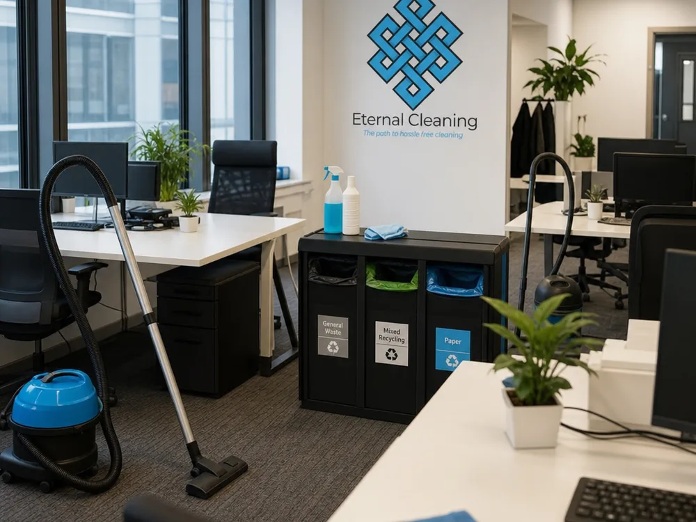 Cleaner vacuuming and wiping surfaces in a tidy open-plan office